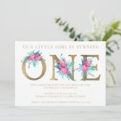 Invitation Lettre florale or chic 1er anniversaire rose vif (Debout devant)