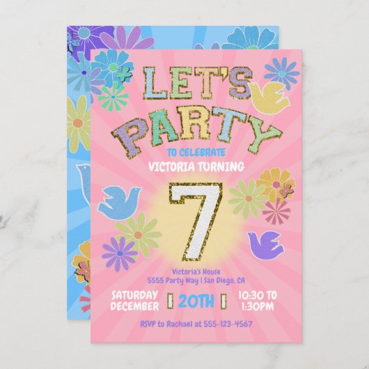 Invitation Lettre Patch Anniversaire Parti Rétro Preppy Hippi (Devant / Derrière)