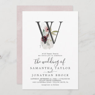 Invitation Lettre romane florale W Blush Monogram Mariage