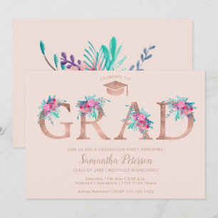 Invitation Lettre Rose or fleurie graduation rose pâle
