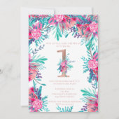 Invitation Lettre rose or florale 1er anniversaire rose pâle (Devant)