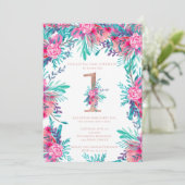 Invitation Lettre rose or florale 1er anniversaire rose pâle (Debout devant)