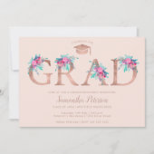 Invitation Lettre rose or florale brillant rose graduation (Devant)