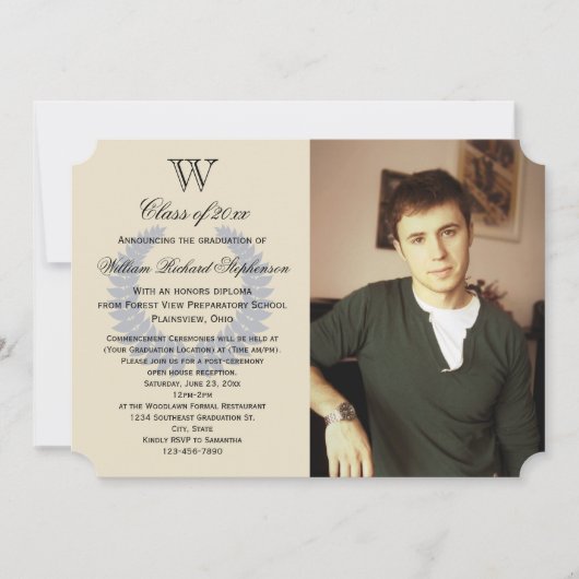 Invitation Lettre simple Monogramme Blue Photo Graduation (Devant)