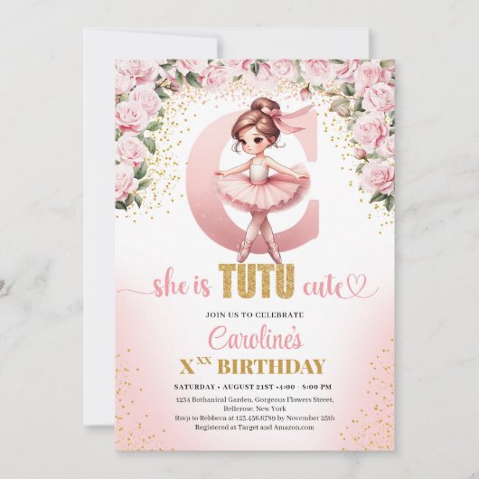Invitation Lettre tendance C monogramme ballerine fille anniv (Devant)