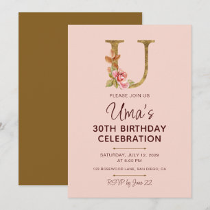 Invitation Lettre U Monogramme Or Roses Rose Pâle