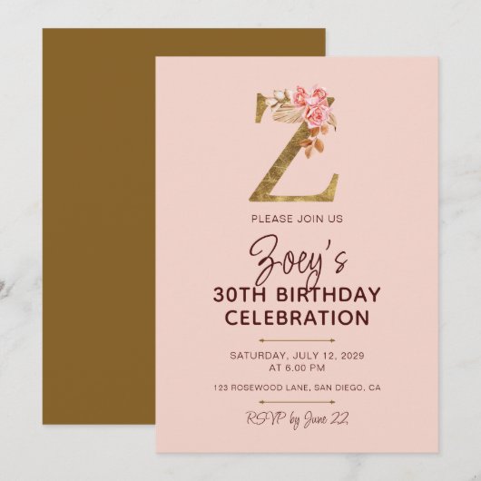 Invitation Lettre Z Monogramme Doré Roses Rose Pâle (Devant / Derrière)