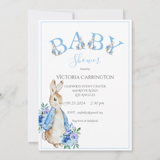 Invitation Lettres de Baby shower Blue Peter Rabbit Invitatio (Devant)