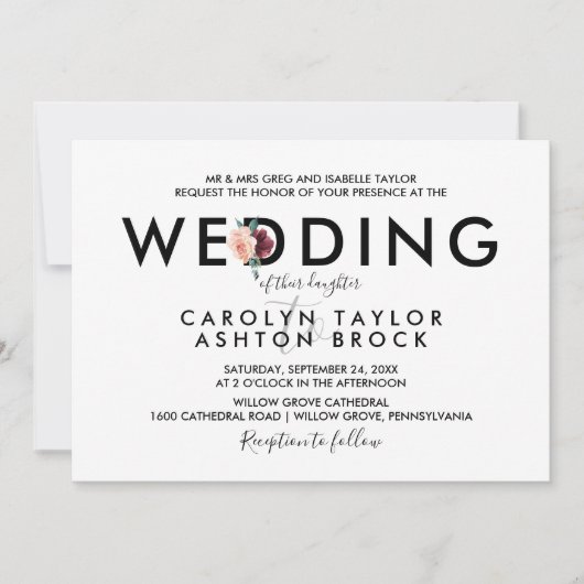 Invitation Lettres de fleurs | Mariage officiel Maroon (Devant)