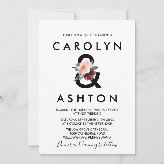 Invitation Lettres de fleurs | Maroon Mariage (Devant)