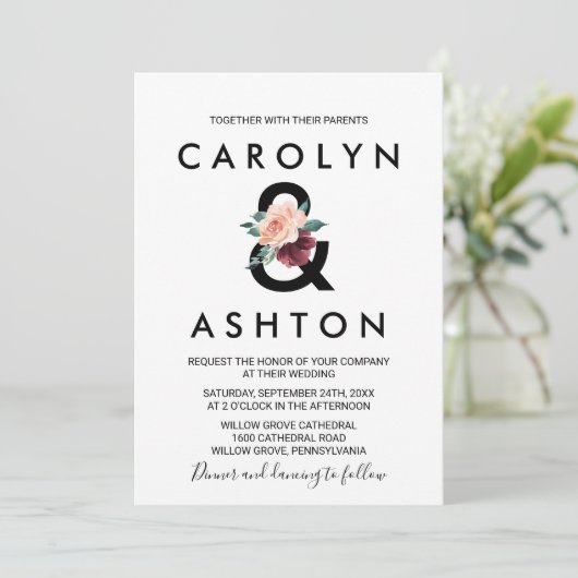 Invitation Lettres de fleurs | Maroon Mariage (Debout devant)