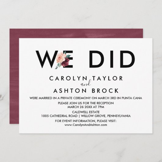 Invitation Lettres de fleurs | Maroon Nous N'Avons Fait Récep (Devant / Derrière)