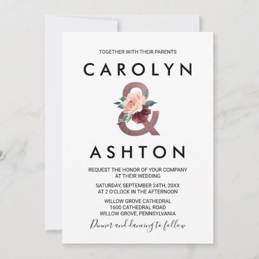 Invitation Lettres de fleurs | Maroon Rose Mariage or (Devant)