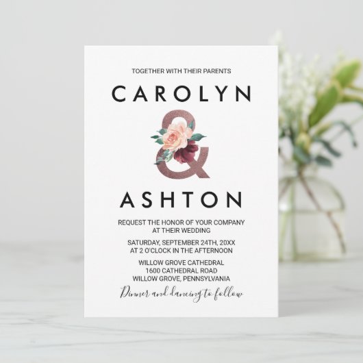 Invitation Lettres de fleurs | Maroon Rose Mariage or (Debout devant)