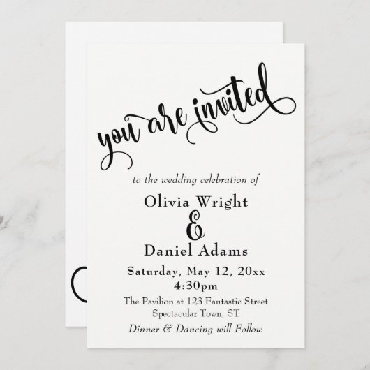 Invitation Lettres de script fantaisie Mariage noir et blanc (Devant / Derrière)
