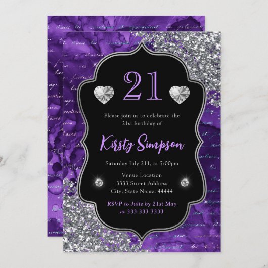 Invitation Lettres de sirène d'iridescente pourpre 21e annive (Devant / Derrière)