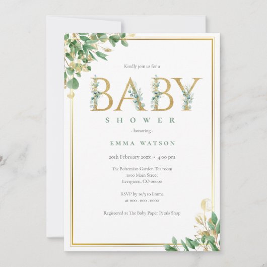 Invitation Lettres d'or Eucalyptus rustique cadre Baby shower (Devant)