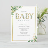 Invitation Lettres d'or Eucalyptus rustique cadre Baby shower (Debout devant)
