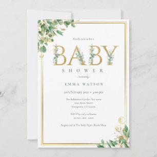 Invitation Lettres d'or Eucalyptus rustique cadre Baby shower