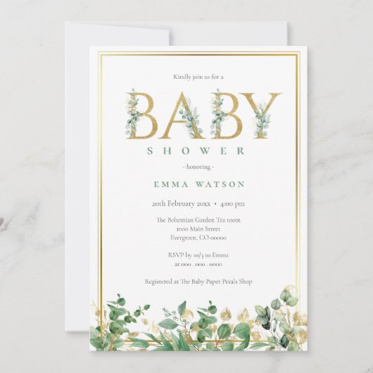 Invitation Lettres d'or Eucalyptus rustique cadre Baby shower (Devant)