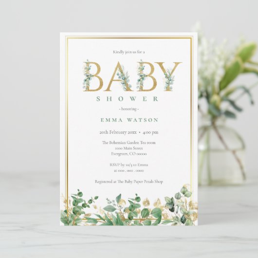 Invitation Lettres d'or Eucalyptus rustique cadre Baby shower (Debout devant)