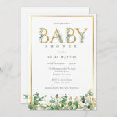 Invitation Lettres d'or Eucalyptus rustique cadre Baby shower (Devant / Derrière)