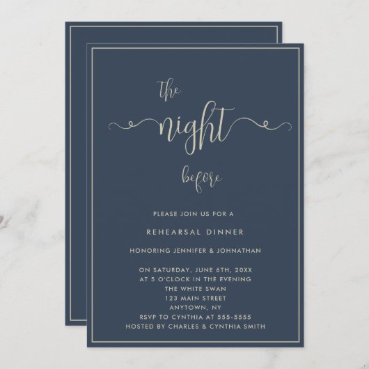 Invitation Lettres d'or Marine Bleu Répétition Dîner Invitati (Devant / Derrière)