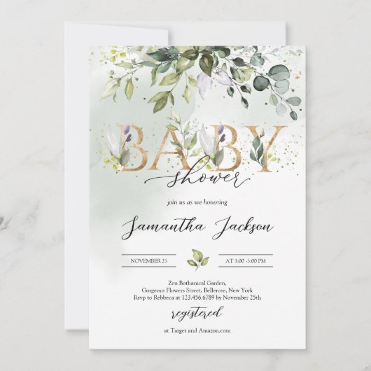 Invitation Lettres d'or vert eucalyptus baby shower boho (Devant)