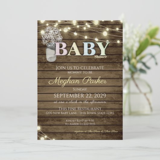 Invitation Lettres en bois de Baby shower rustique et souffle (Debout devant)