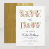 Invitation Lettres florales d'or et de rose Anniversaire (Devant / Derrière)