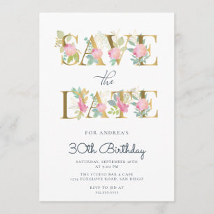 Invitation Lettres florales d'or et de rose Anniversaire