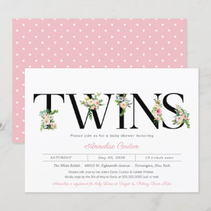 Invitation Lettres florales Pastel Pink Twin Girl Baby shower
