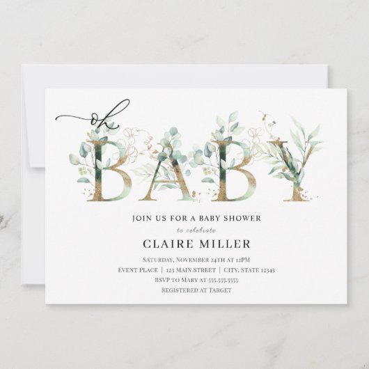 Invitation Lettres vertes et or Oh Baby shower (Devant)