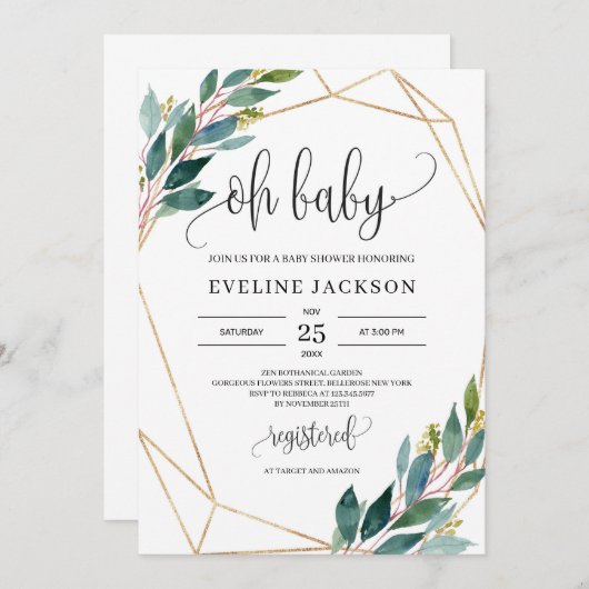 Invitation L'eucalyptus vert moderne et l'or oh bébé (Devant / Derrière)