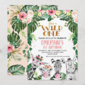 Invitation Levé Safari Animaux Floral Wild Un Anniversaire (Devant / Derrière)
