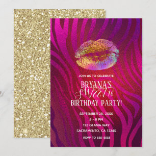 Invitation Lèvres Arc-en-ciel Or Paillettes Rose Chaud Fête