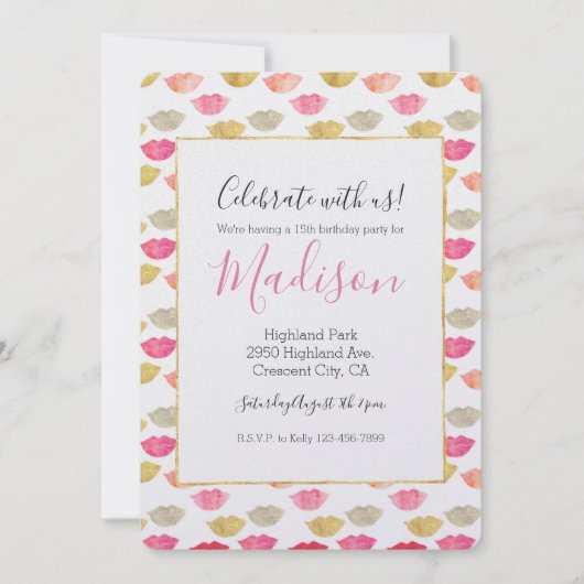 Invitation Lèvres d'aquarelle rouge or (Devant)