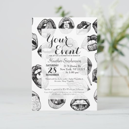 Invitation Lèvres lustrées en noir et blanc (Debout devant)