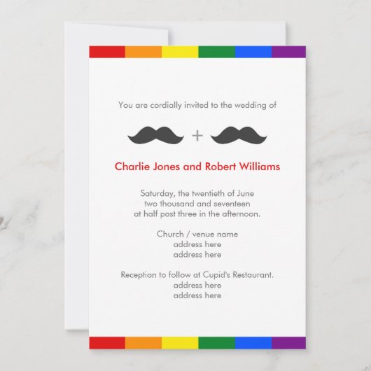 Invitation LGBT Gay Mariage Mustaches Arc-en-ciel (Devant)