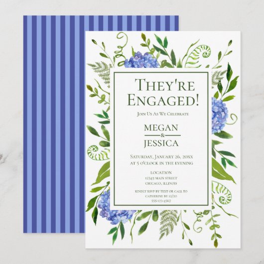 Invitation LGBTQ Blue Hydrangeas Floral Engagement Party (Devant / Derrière)