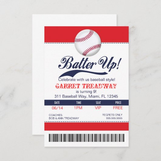 Invitation LGC Batter Up Baseball Ticket 2e version (Devant / Derrière)