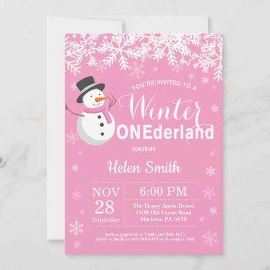 Invitation L'hiver Onederland Snowman Girl 1er anniversaire (Devant)