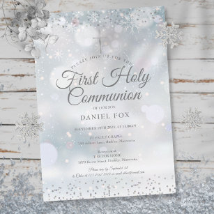 Invitation L'hiver Première Sainte Communion Argent Confetti