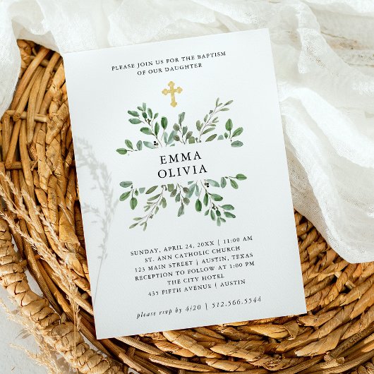 Invitation Liage minimal | Baptême avec Croix d'or