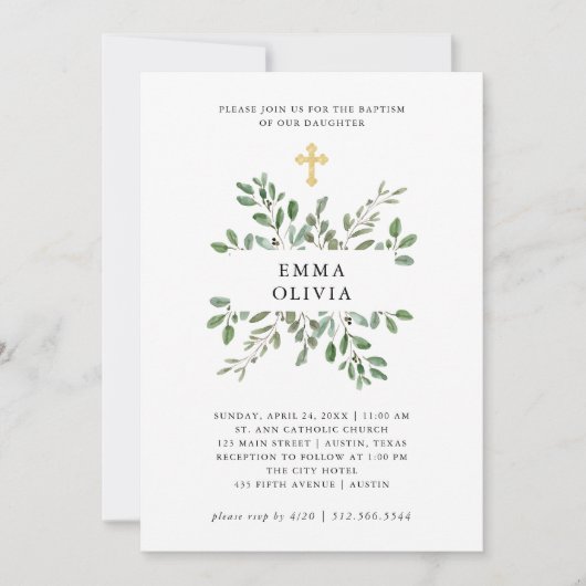 Invitation Liage minimal | Baptême avec Croix d'or (Devant)