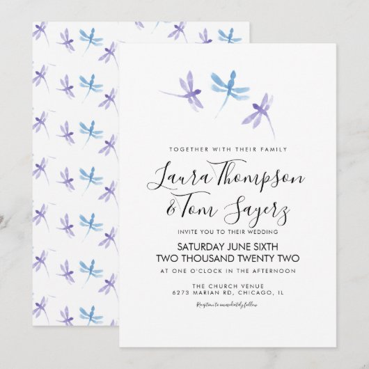 Invitation Libellule aquarelle écriture élégante mariage (Devant / Derrière)