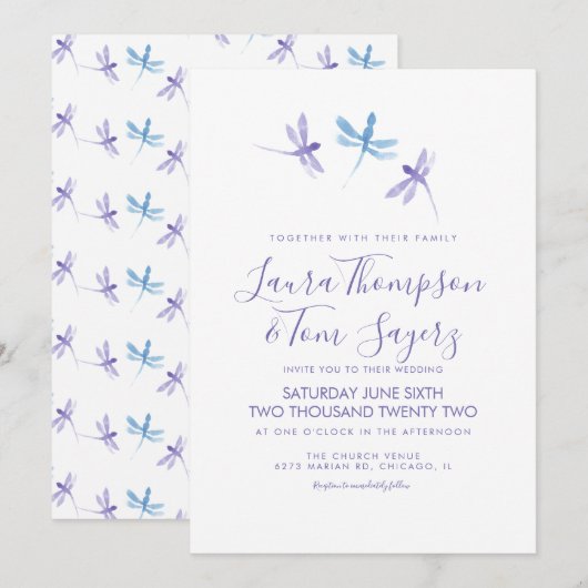 Invitation Libellule aquarelle écriture élégante mariage (Devant / Derrière)