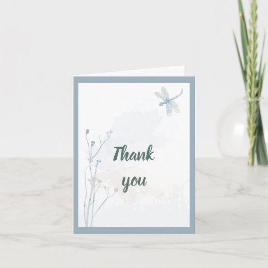 Invitation Libellule Bleu Ardoise Simple Verdure Merci (Devant)