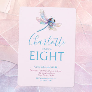 Invitation Libellule Fille Aquarelle Bleu Violet Anniversaire