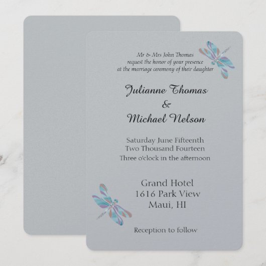 Invitation libellules gris et bleues (Devant / Derrière)